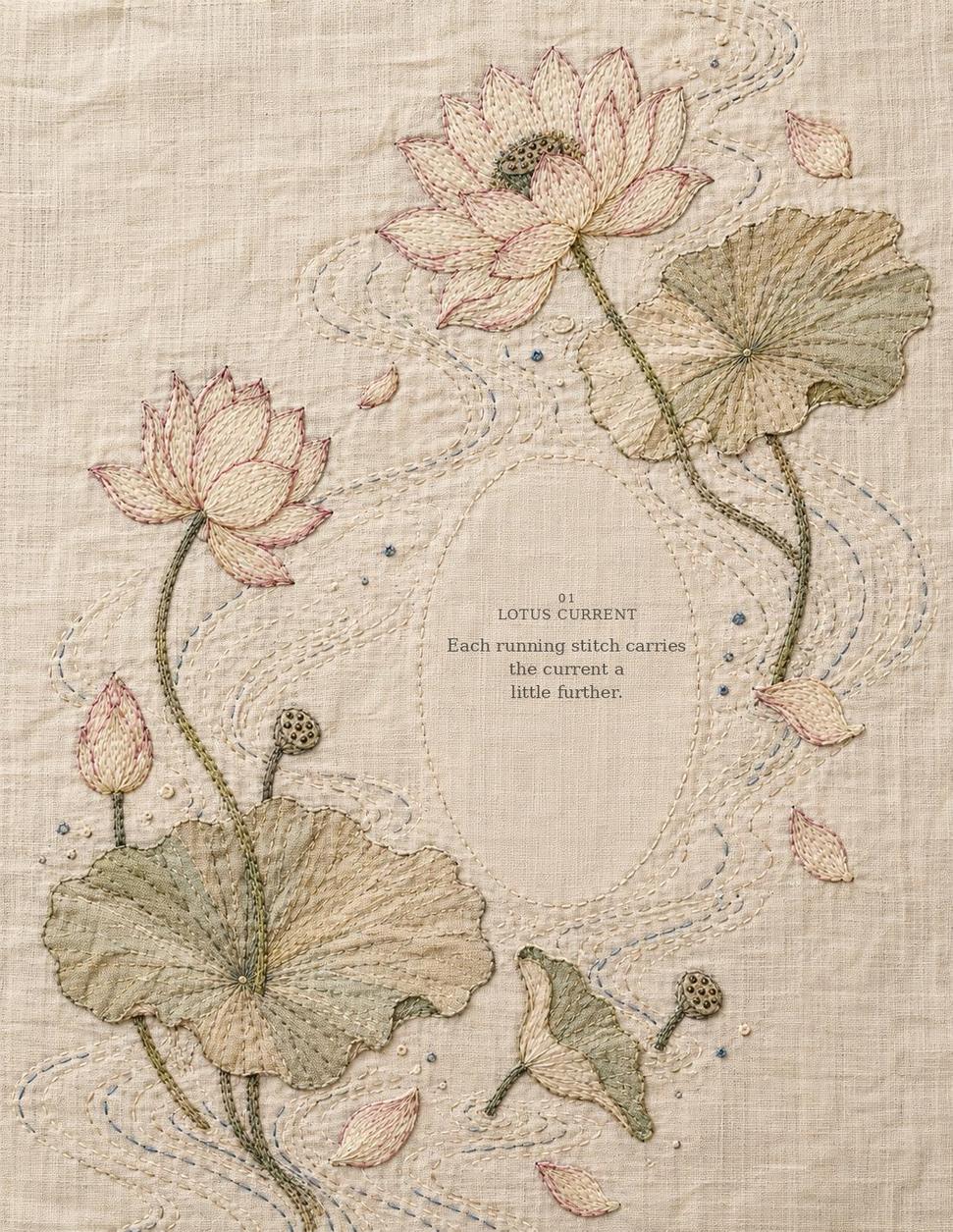Embroidered Lotus Current textile interpretation with botanical running stitches