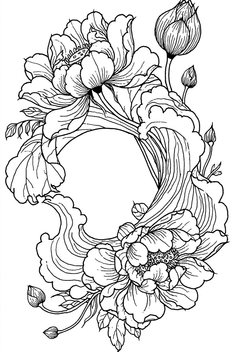 Lotus Wave Frame East Asian from East Asian Inspired Embroidery Book 8, a digital embroidery design reference for machine embroidery designs, embroidery patterns and frames and monogram spaces.