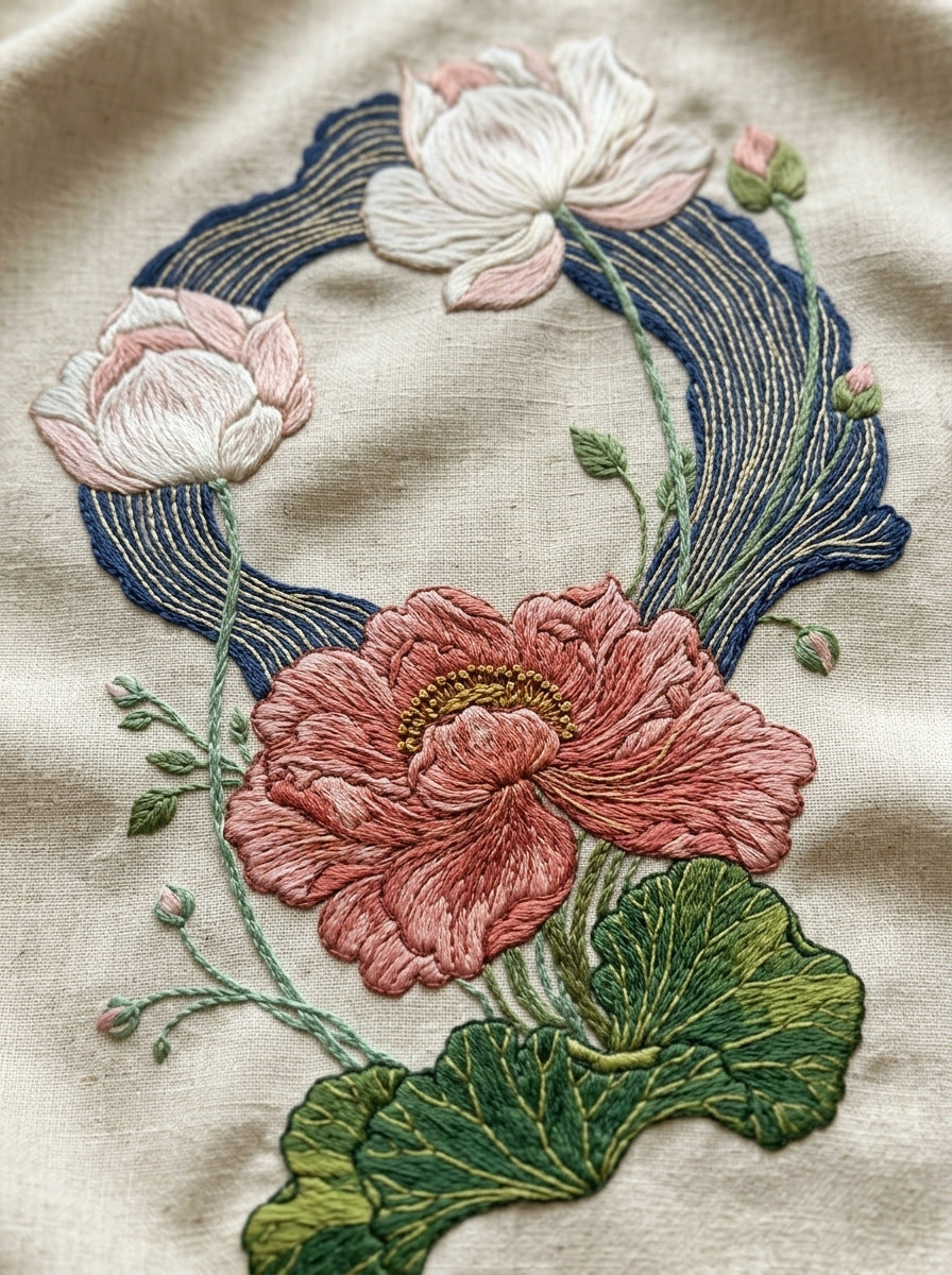 Lotus Wave Frame East Asian from East Asian Inspired Embroidery Book 3, a digital embroidery design reference for machine embroidery designs, embroidery patterns and frames and monogram spaces.