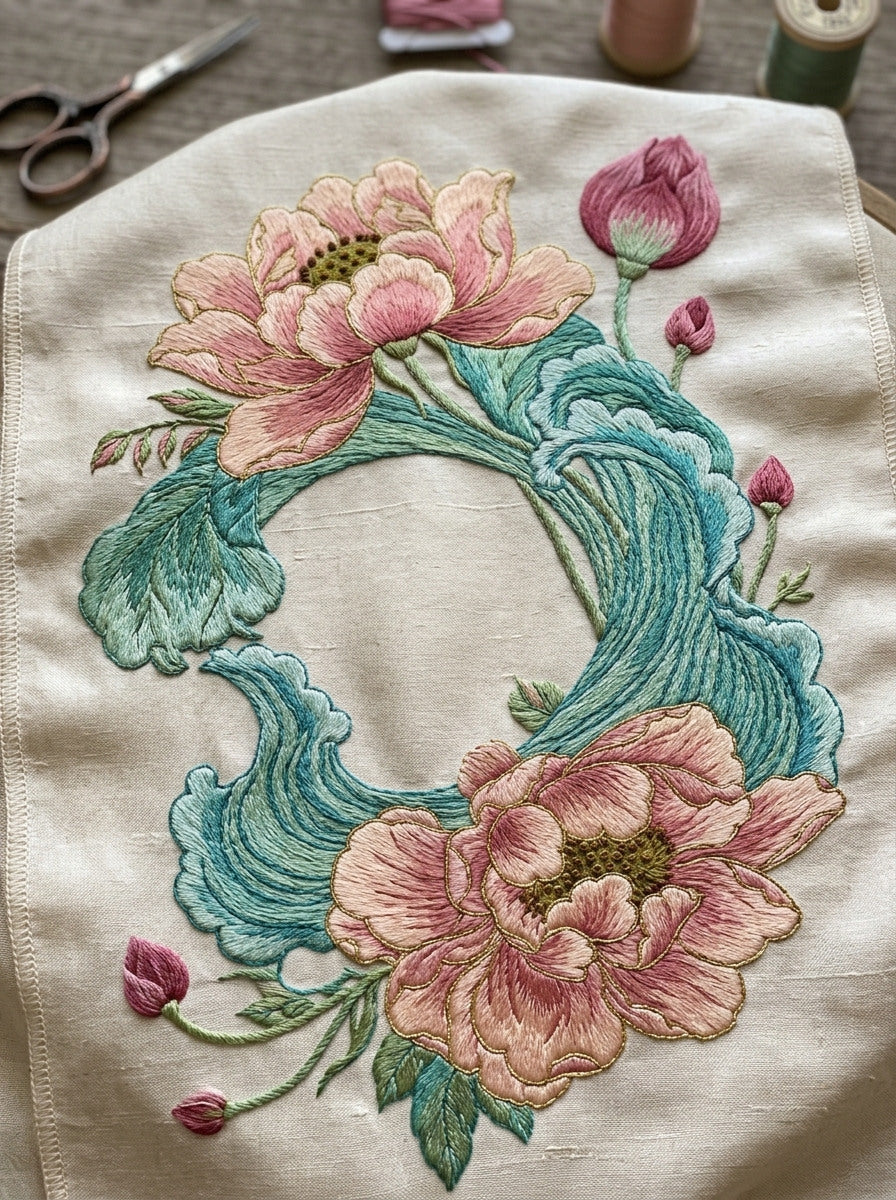 Lotus Wave Frame East Asian from East Asian Inspired Embroidery Book 8, a digital embroidery design reference for machine embroidery designs, embroidery patterns and frames and monogram spaces.