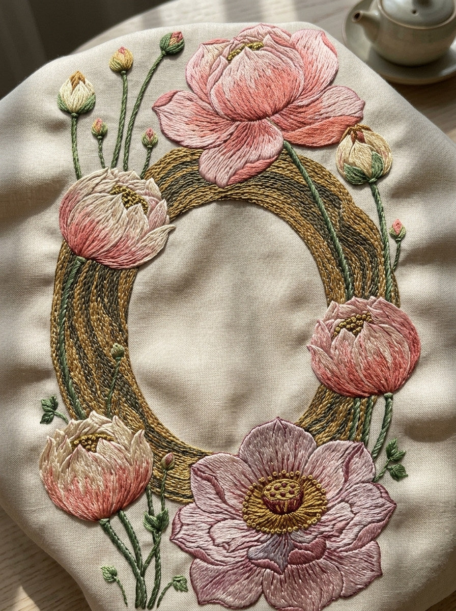 Lotus Wave Frame East Asian from East Asian Inspired Embroidery Book 5, a digital embroidery design reference for machine embroidery designs, embroidery patterns and frames and monogram spaces.