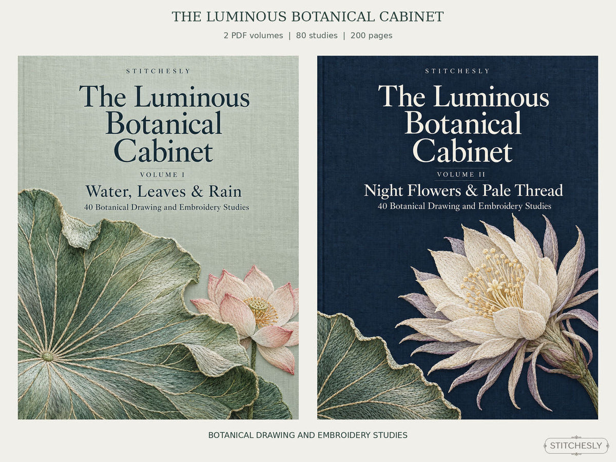 The Luminous Botanical Cabinet digital book set, with large celadon Volume I and indigo Volume II covers. 80 botanical studies across 200 pages.