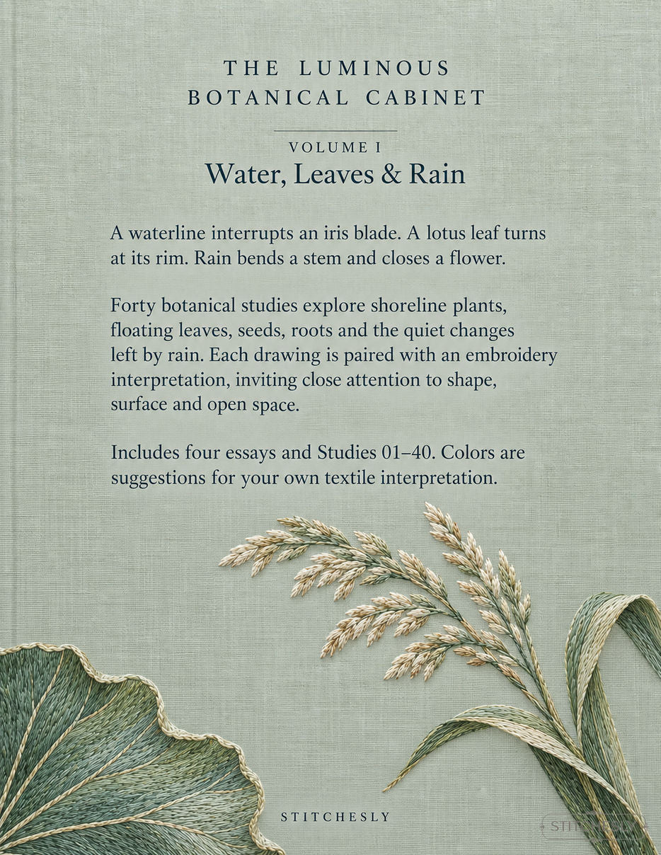 The Luminous Botanical Cabinet Volume I, Water, Leaves & Rain, back cover of the digital embroidery study book.