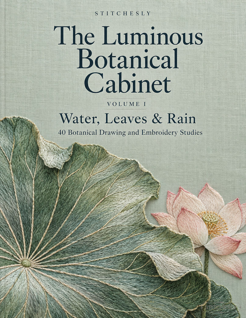 The Luminous Botanical Cabinet Volume I, Water, Leaves & Rain, front cover of the digital embroidery study book.