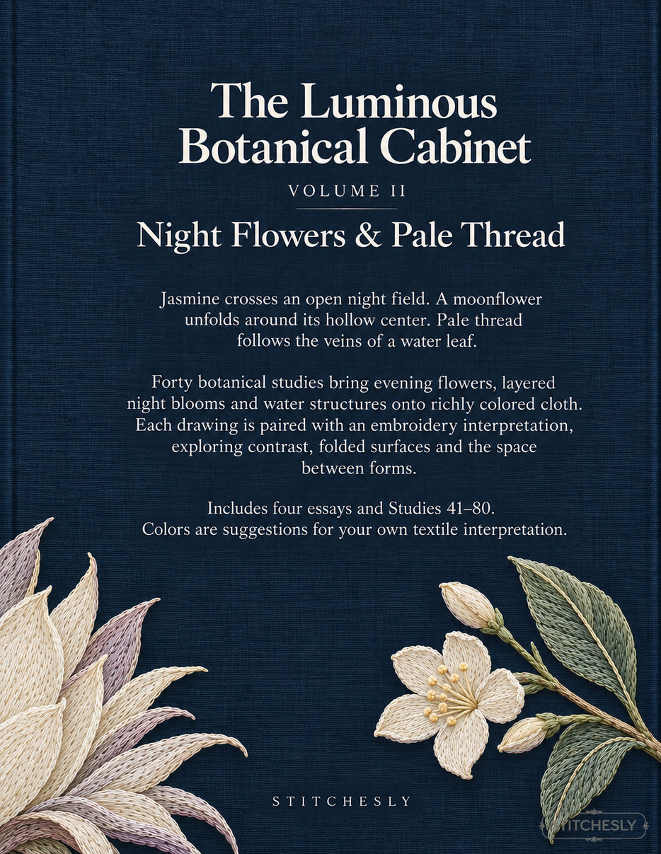 The Luminous Botanical Cabinet Volume II, Night Flowers & Pale Thread, back cover of the digital embroidery study book.