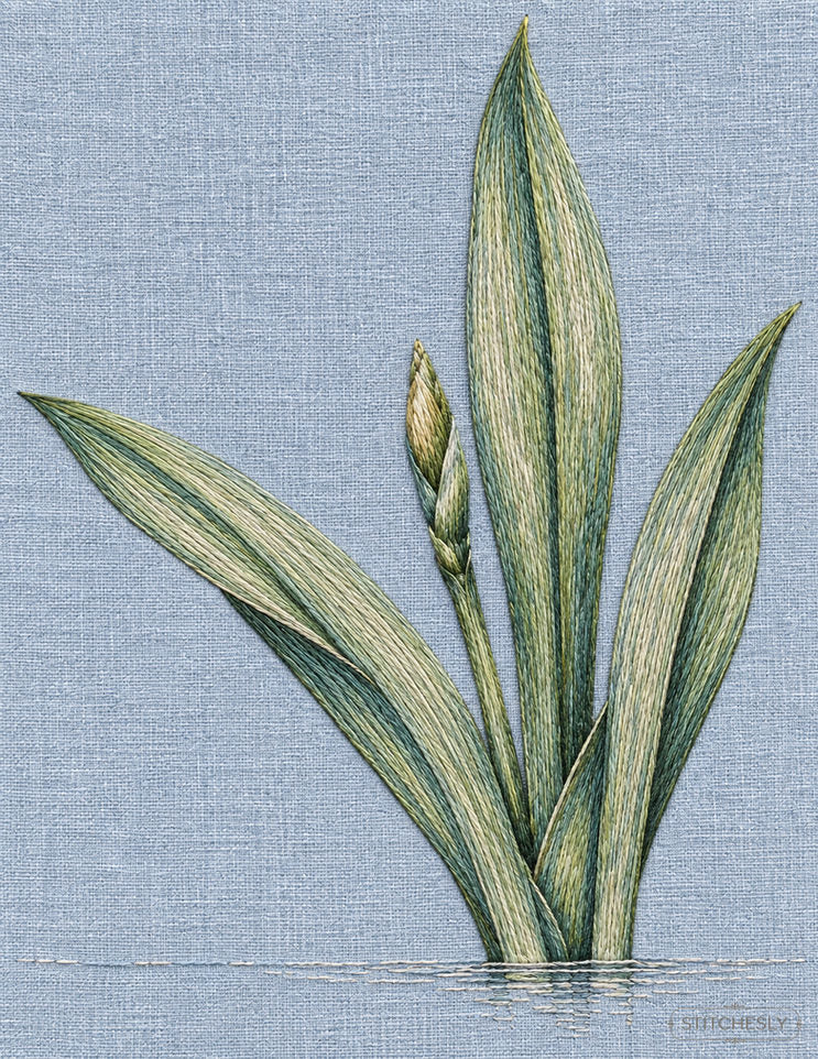 Study 01: Iris Blade Fan Cut by a Low Waterline. Embroidered textile interpretation with visible directional thread texture.