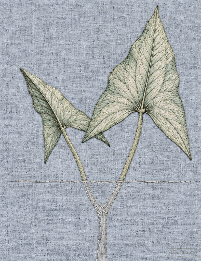 Study 05: Arrowhead Leaf Pair with a Submerged Stem Split. Embroidered textile interpretation with visible directional thread texture.