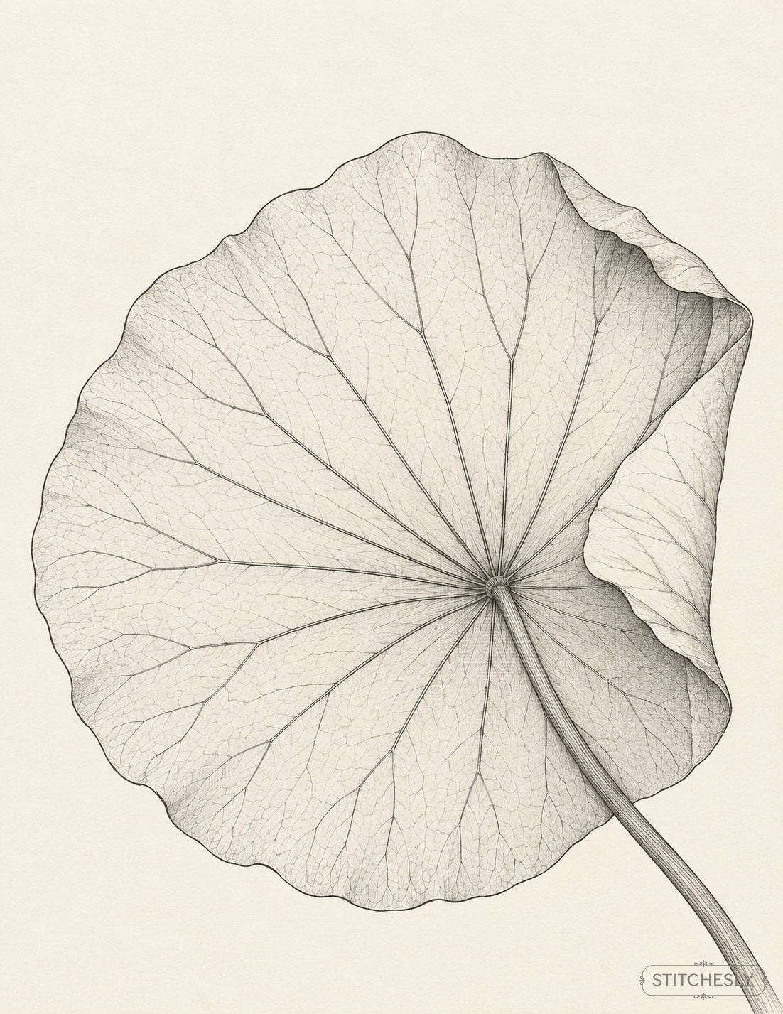 Study 11: Lotus Leaf with a Folded Rim and No Flower. Botanical drawing from the digital book, showing contours and internal structure.