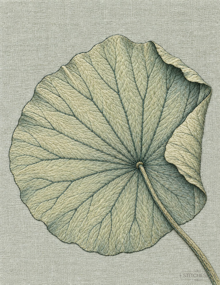 Study 11: Lotus Leaf with a Folded Rim and No Flower. Embroidered textile interpretation with visible directional thread texture.