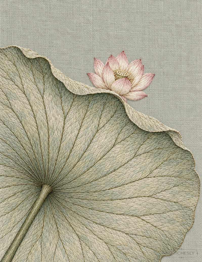 Study 13: Small Lotus Bloom Behind an Overscale Leaf. Embroidered textile interpretation with visible directional thread texture.