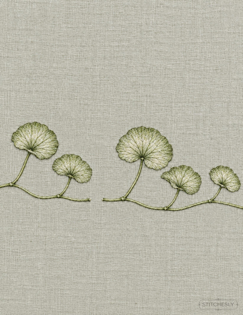 Study 15: Floating Pennywort Chain Broken at the Third Leaf. Embroidered textile interpretation with visible directional thread texture.