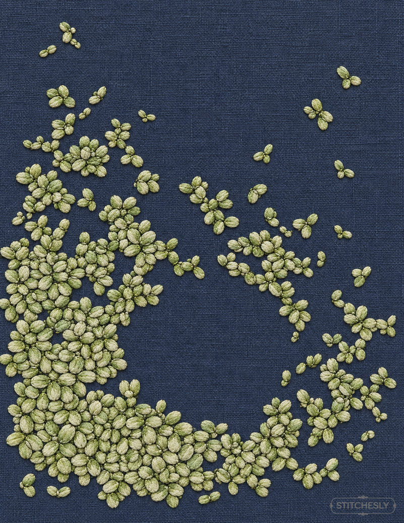 Study 16: Duckweed Halo Around a Clean Water Void. Embroidered textile interpretation with visible directional thread texture.
