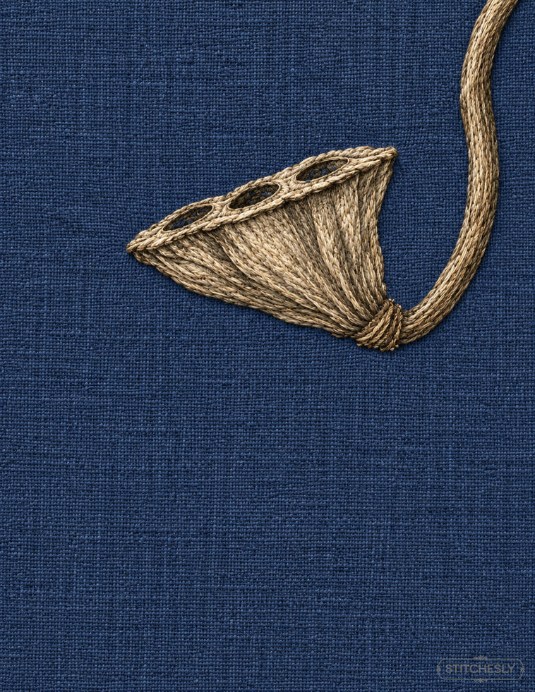 Study 23: Lotus Pod Seen in Profile with Three Visible Cavities. Embroidered textile interpretation with visible directional thread texture.
