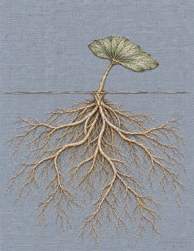 Study 27: Water Plant Root Rosette beneath a Thin Surface Line. Embroidered textile interpretation with visible directional thread texture.