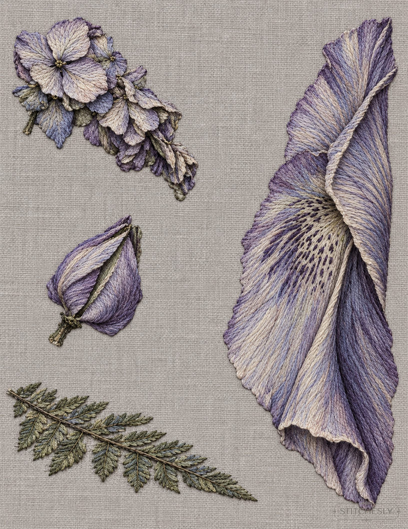 Study 40: Rain Archive — Fold, Collapse, Closure, Adhesion. Embroidered textile interpretation with visible directional thread texture.