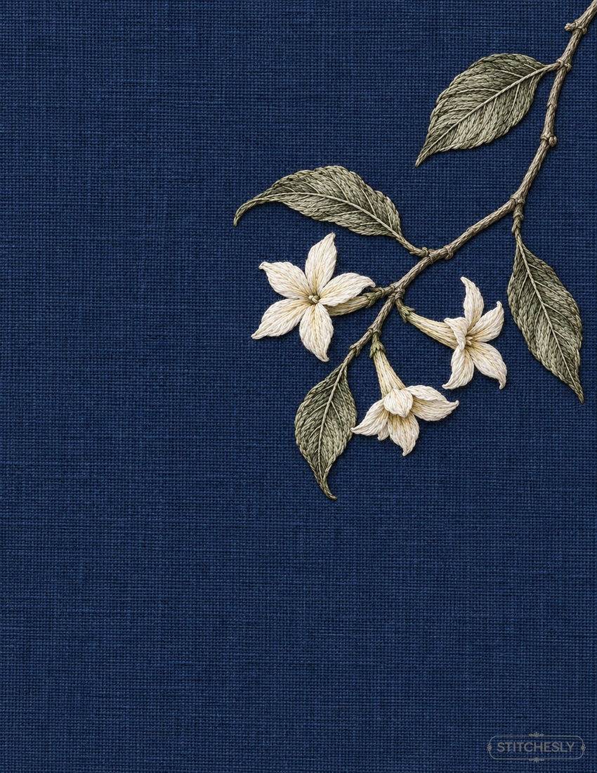 Study 41: Jasmine Branch Crossing into an Empty Night Field. Embroidered textile interpretation with visible directional thread texture.