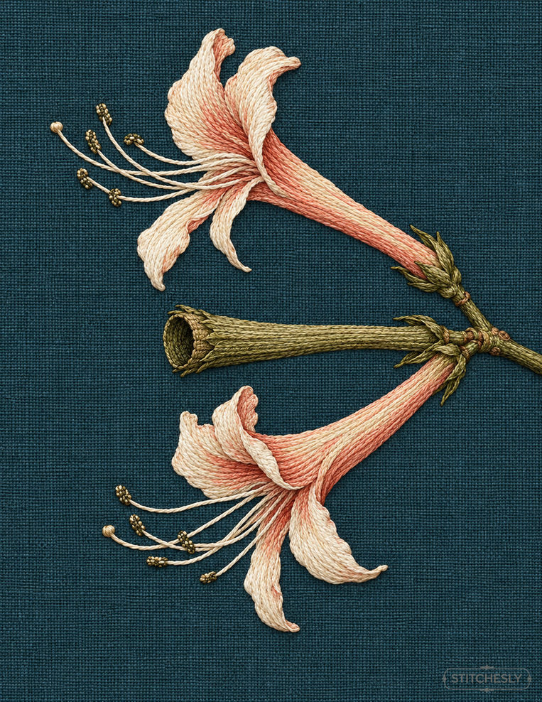 Study 43: Honeysuckle Pair with One Long Empty Tube. Embroidered textile interpretation with visible directional thread texture.