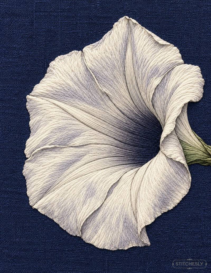 Study 51: Moonflower Opening into a Wide Hollow Center. Embroidered textile interpretation with visible directional thread texture.