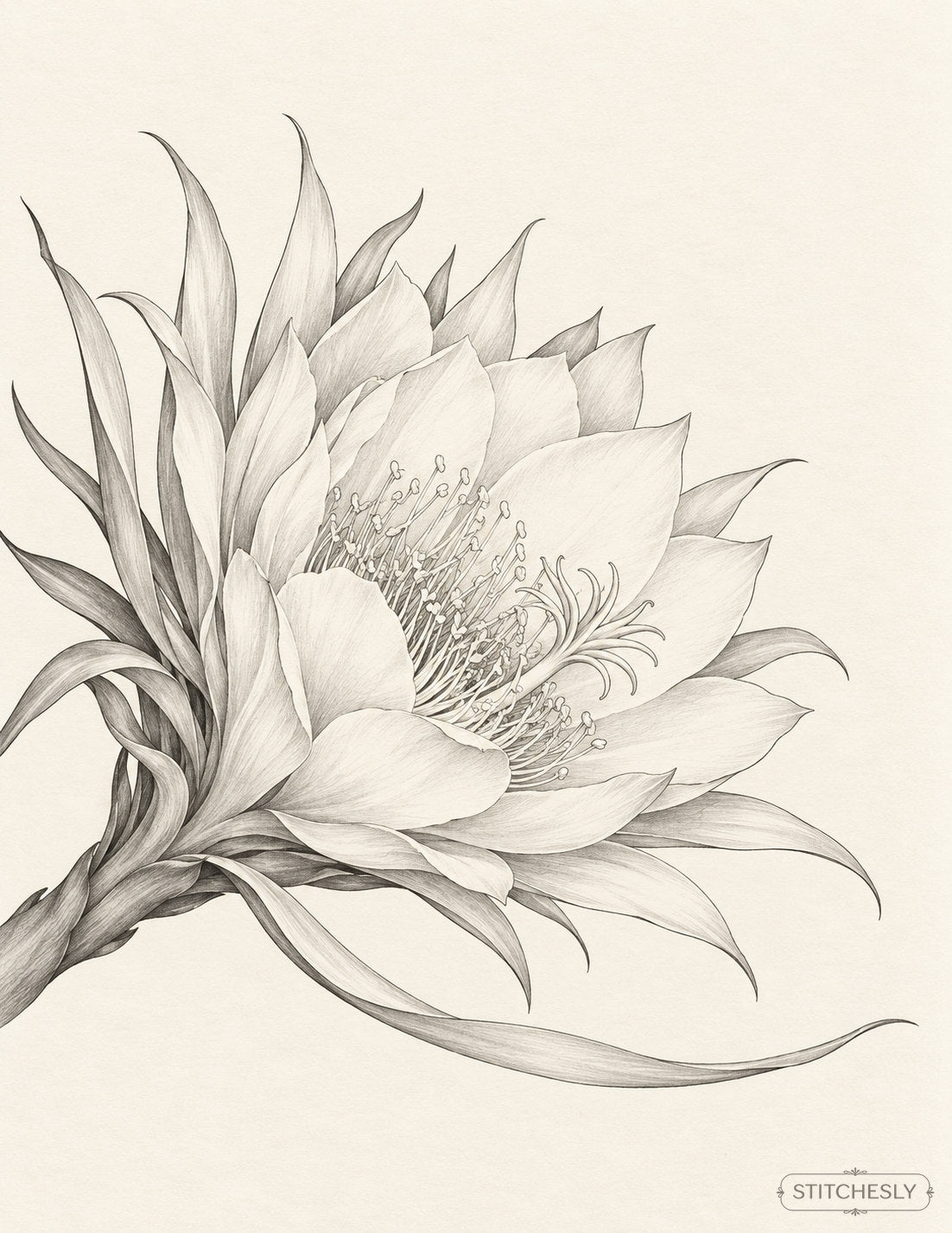 Study 52: Night-Blooming Cereus with a Single Long Outer Petal Crossing. Botanical drawing from the digital book, showing contours and internal structure.