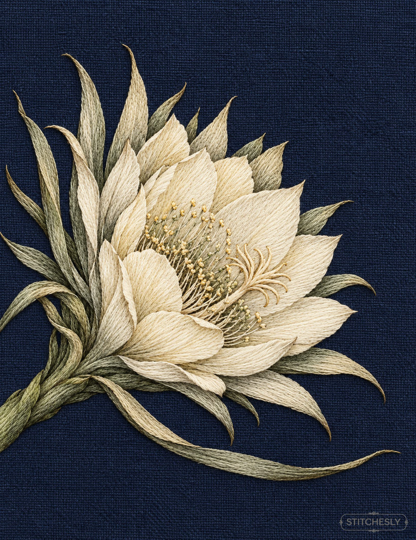 Study 52: Night-Blooming Cereus with a Single Long Outer Petal Crossing. Embroidered textile interpretation with visible directional thread texture.