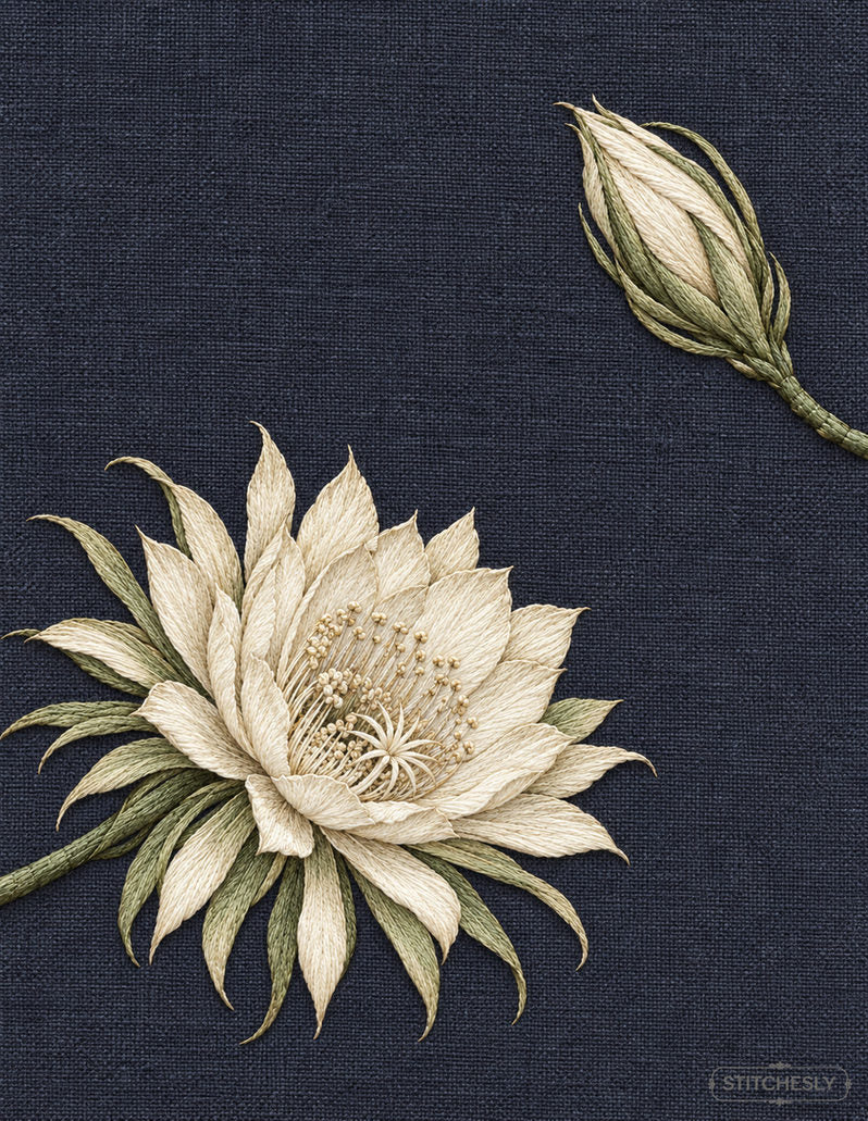 Study 56: Queen of the Night Bud and Open Bloom on Separate Stems. Embroidered textile interpretation with visible directional thread texture.