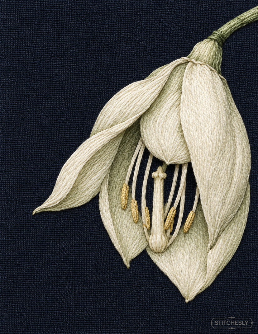 Study 58: Yucca Flower Bell with a Pale Stamen Cage. Embroidered textile interpretation with visible directional thread texture.