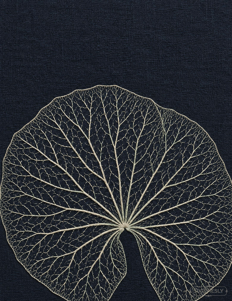 Study 65: Water Lily Leaf Veins Drawn in Bone Thread. Embroidered textile interpretation with visible directional thread texture.