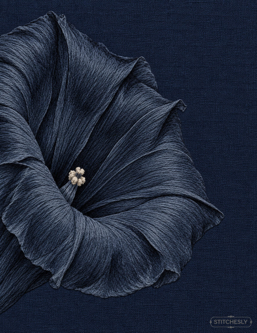 Study 68: Moonflower in Tonal Indigo-on-Indigo. Embroidered textile interpretation with visible directional thread texture.