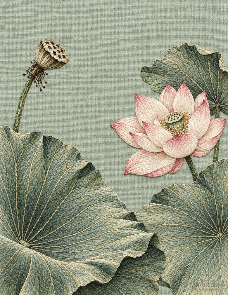 Study 71: Grand Lotus Fold with Open Water Core. Embroidered textile interpretation with visible directional thread texture.