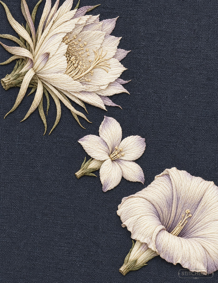 Study 77: Night Bloom Cascade without a Supporting Vine. Embroidered textile interpretation with visible directional thread texture.