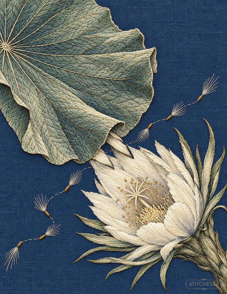 Study 80: Complete Luminous Water Architecture — Leaf Plane, Night Bloom, Seed Trace. Embroidered textile interpretation with visible directional thread texture.