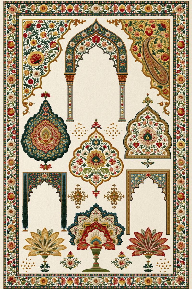 Luxury Border Cartouche And Arched from Mughal & Persian Garden Embroidery Book 6, a digital embroidery design reference for machine embroidery designs, embroidery patterns and border and edge embroidery.