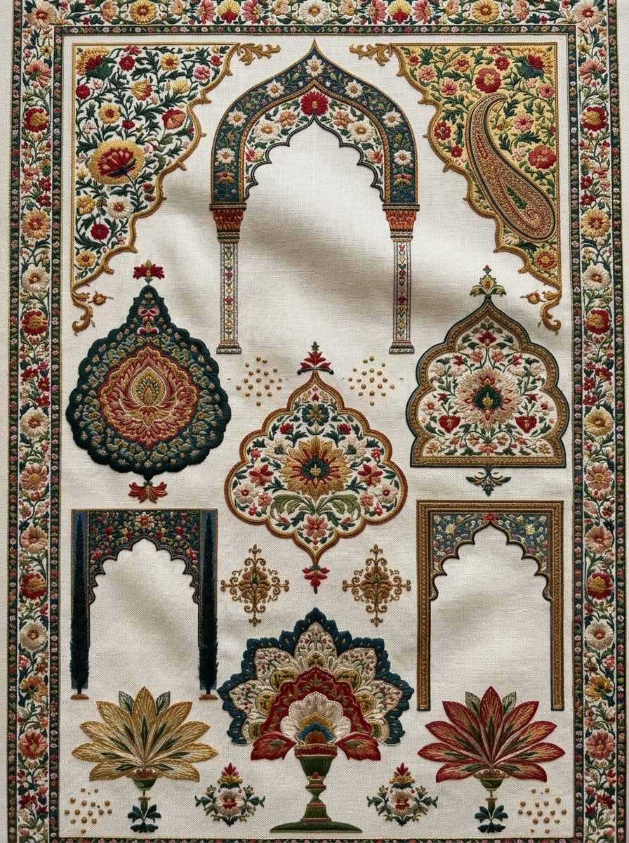 Luxury Border Cartouche And Arched from Mughal & Persian Garden Embroidery Book 6, a digital embroidery design reference for machine embroidery designs, embroidery patterns and border and edge embroidery.