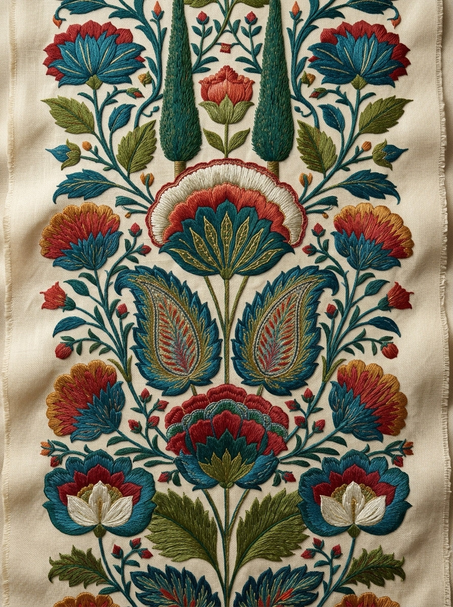 Luxury Garden Home Linen Border from Mughal & Persian Garden Embroidery Book 6, a digital embroidery design reference for machine embroidery designs, embroidery patterns and border and edge embroidery.