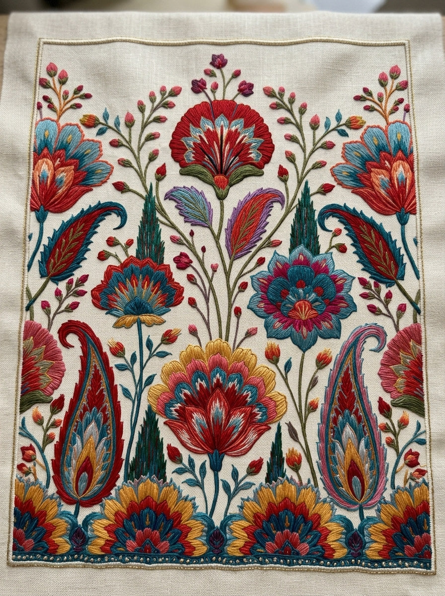 Luxury Garden Home Linen Border from Mughal & Persian Garden Embroidery Book 5, a digital embroidery design reference for machine embroidery designs, embroidery patterns and border and edge embroidery.