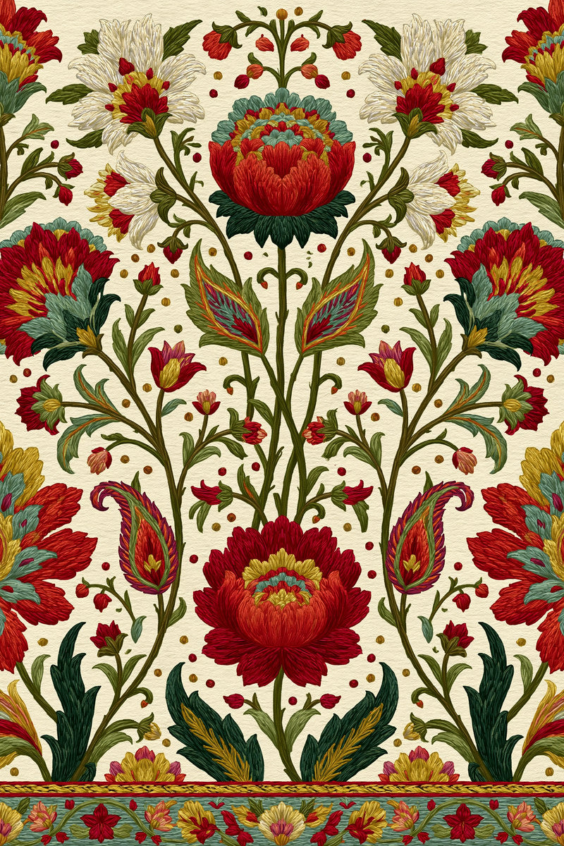 Luxury Persian Floral Border from Mughal & Persian Garden Embroidery Book 5, a digital embroidery design reference for machine embroidery designs, embroidery patterns and border and edge embroidery.