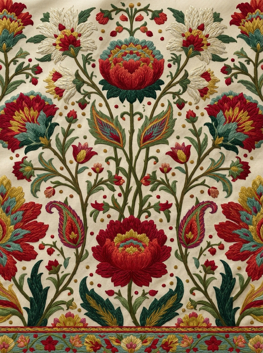 Luxury Persian Floral Border from Mughal & Persian Garden Embroidery Book 5, a digital embroidery design reference for machine embroidery designs, embroidery patterns and border and edge embroidery.