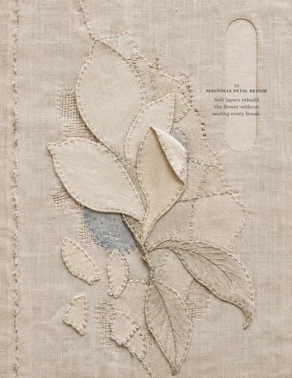 Magnolia Petal Repair embroidered textile study with layered fabric petals