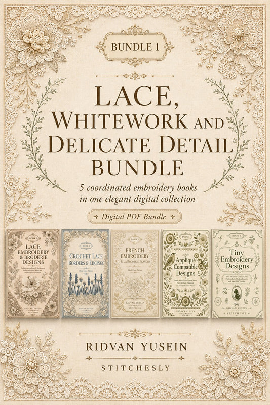 Digital PDF embroidery design bundle cover preview for Lace, Whitework & Delicate Detail Bundle 1, featuring curated embroidery patterns, motif library references and textile… - preview 1