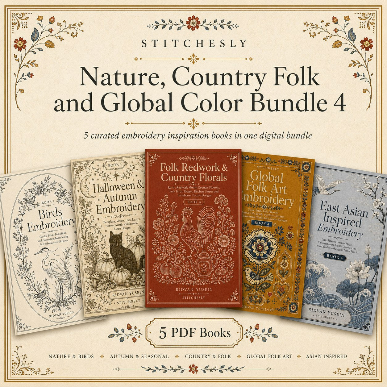 Digital PDF embroidery design bundle cover preview for Nature, Country Folk & Global Color Bundle 4, featuring curated embroidery patterns, motif library references and textile… - preview 1