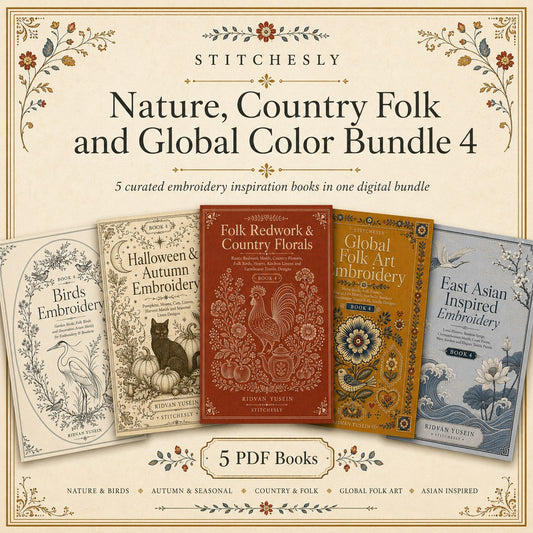 Digital PDF embroidery design bundle cover preview for Nature, Country Folk & Global Color Bundle 4, featuring curated embroidery patterns, motif library references and textile… - preview 1