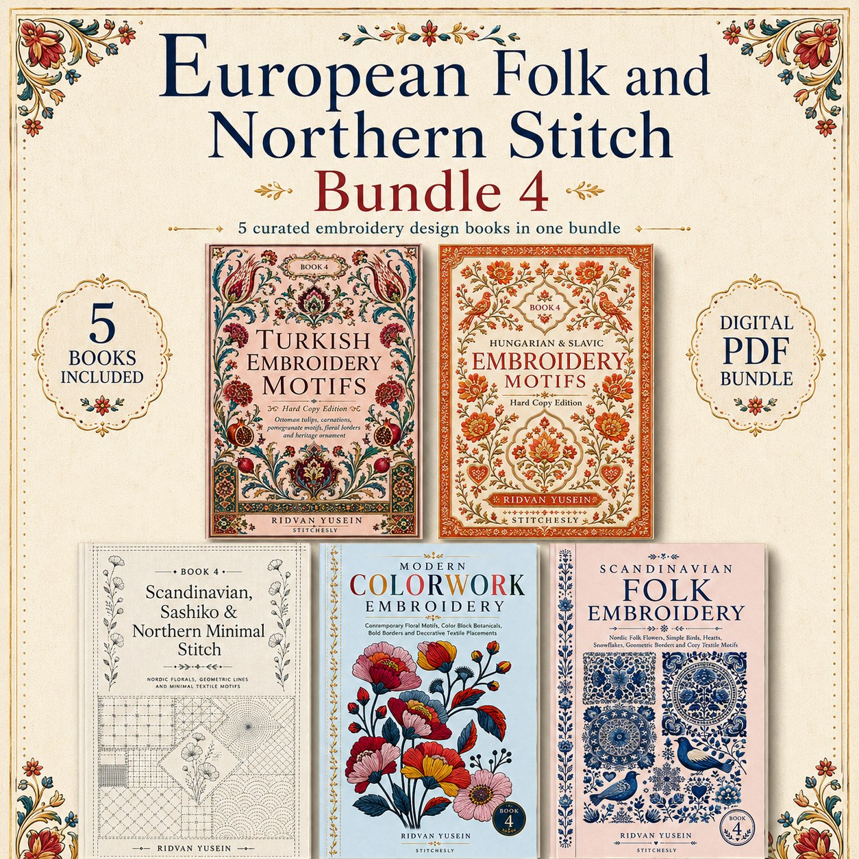 Digital PDF embroidery design bundle cover preview for European Folk & Northern Stitch Bundle 4, featuring curated embroidery patterns, motif library references and textile… - preview 1