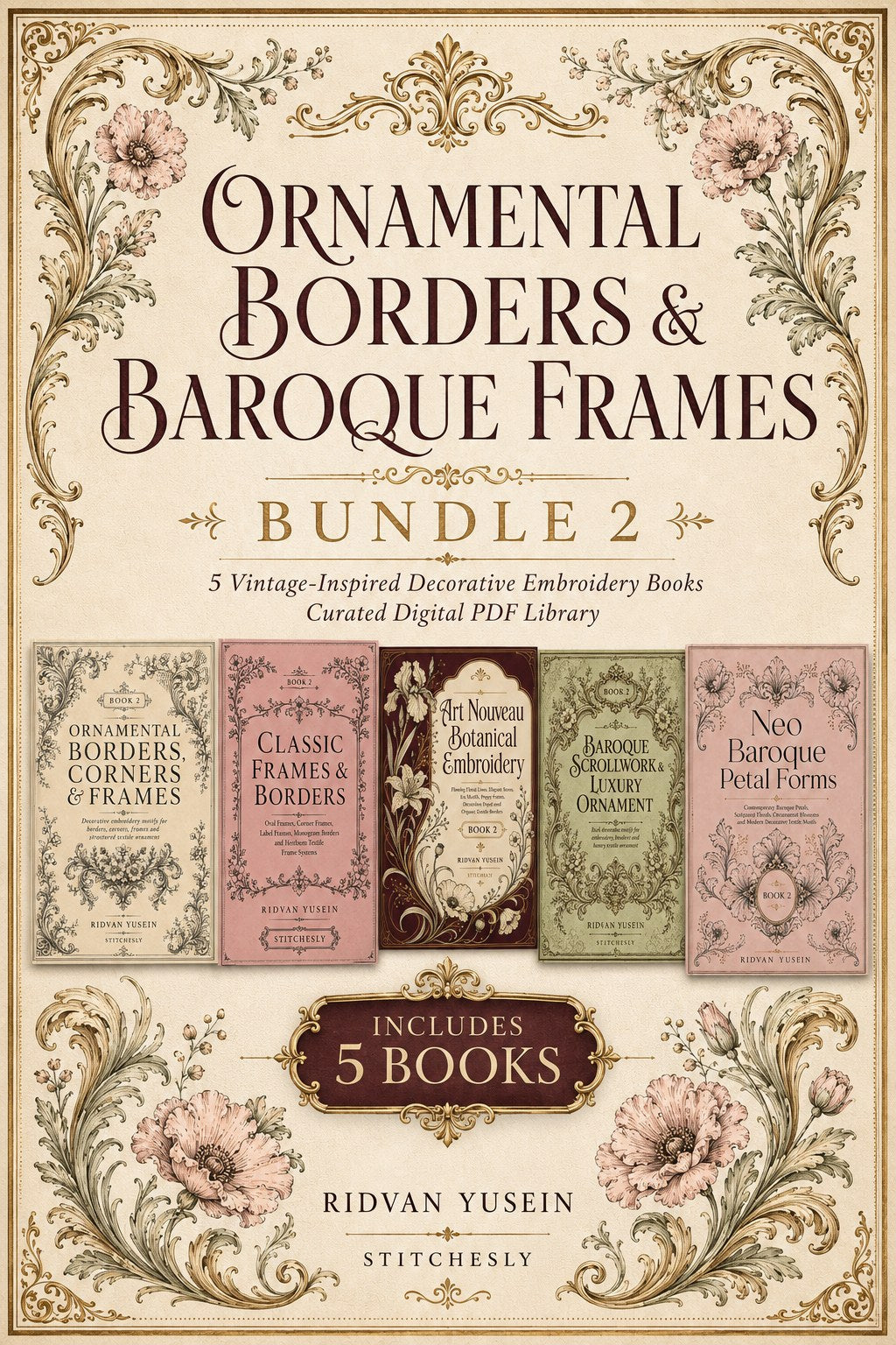 Digital PDF embroidery design bundle cover preview for Ornamental Borders & Baroque Frames Bundle 2, featuring curated embroidery patterns, motif library references and textile… - preview 1