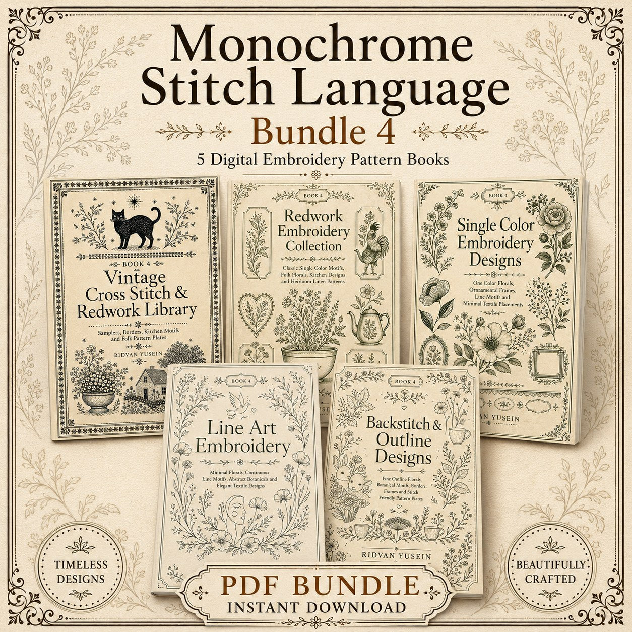 Digital PDF embroidery design bundle cover preview for Monochrome Stitch Language Bundle 4, featuring curated embroidery patterns, motif library references and textile design… - preview 1