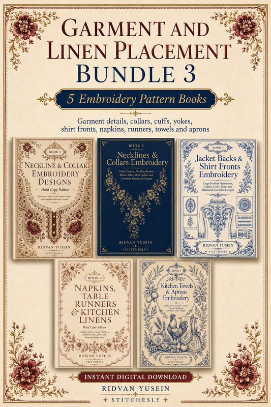 Digital PDF embroidery design bundle cover preview for Garment & Linen Placement Bundle 3, featuring curated embroidery patterns, motif library references and textile design… - preview 1