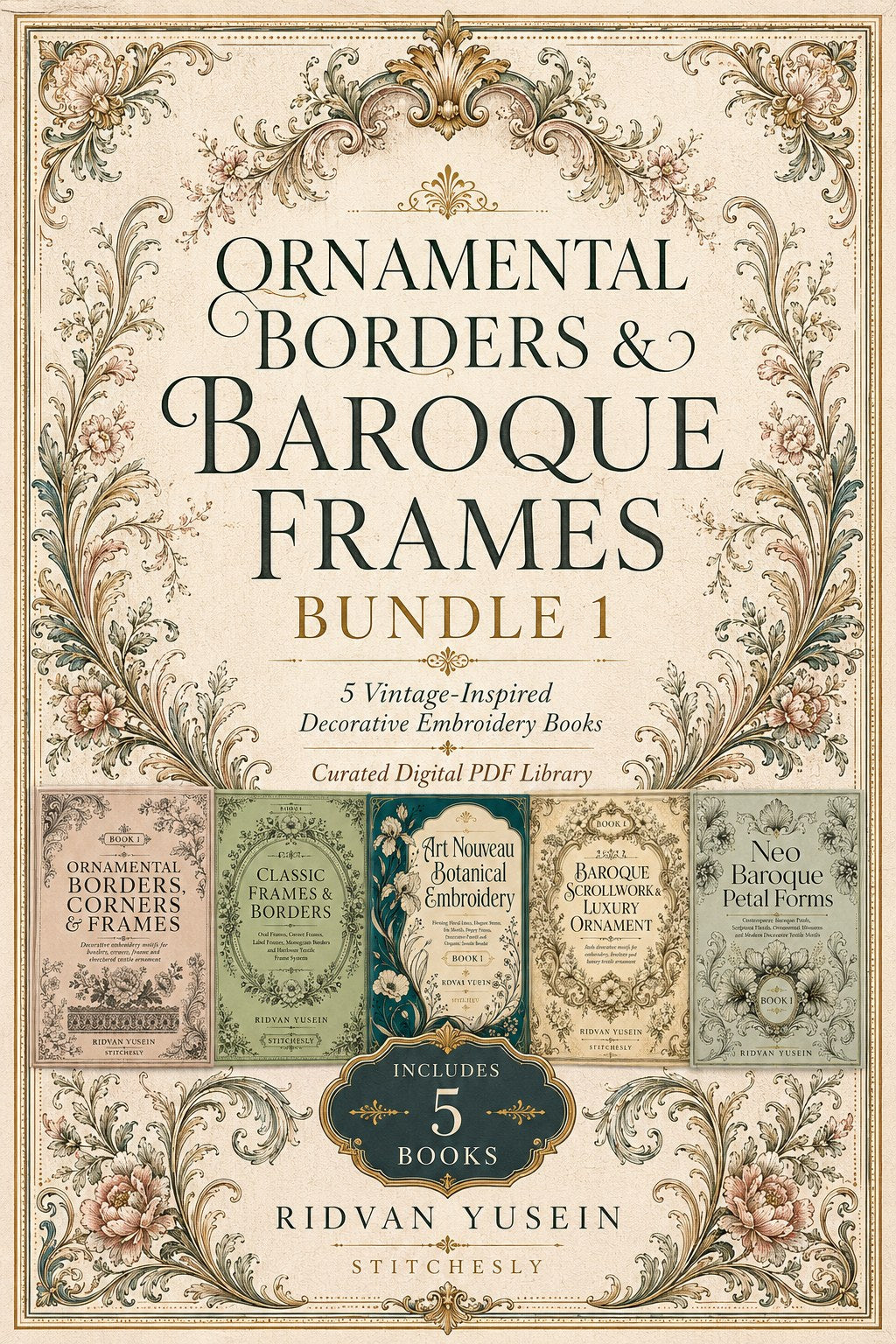 Digital PDF embroidery design bundle cover preview for Ornamental Borders & Baroque Frames Bundle 1, featuring curated embroidery patterns, motif library references and textile… - preview 1