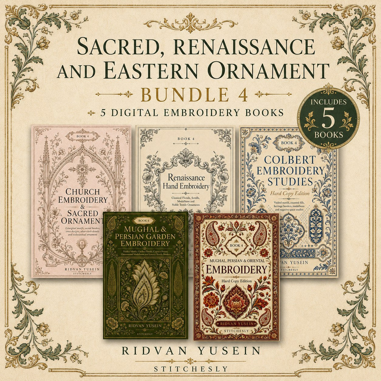 Digital PDF embroidery design bundle cover preview for Sacred, Renaissance & Eastern Ornament Bundle 4, featuring curated embroidery patterns, motif library references and… - preview 1