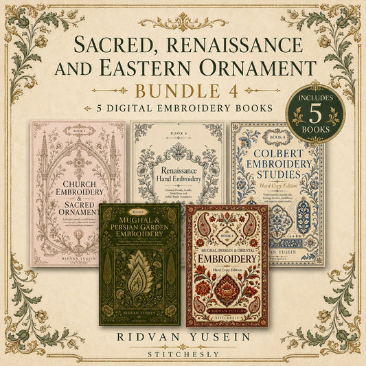 Digital PDF embroidery design bundle cover preview for Sacred, Renaissance & Eastern Ornament Bundle 4, featuring curated embroidery patterns, motif library references and… - preview 1