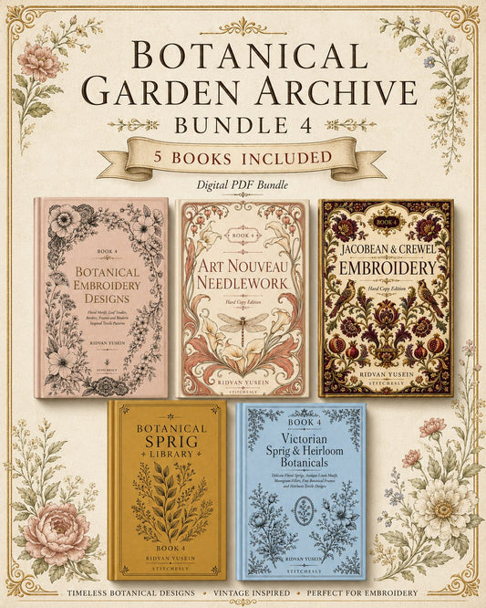 Digital PDF embroidery design bundle cover preview for Botanical Garden Archive Bundle 4, featuring curated embroidery patterns, motif library references and textile design… - preview 1