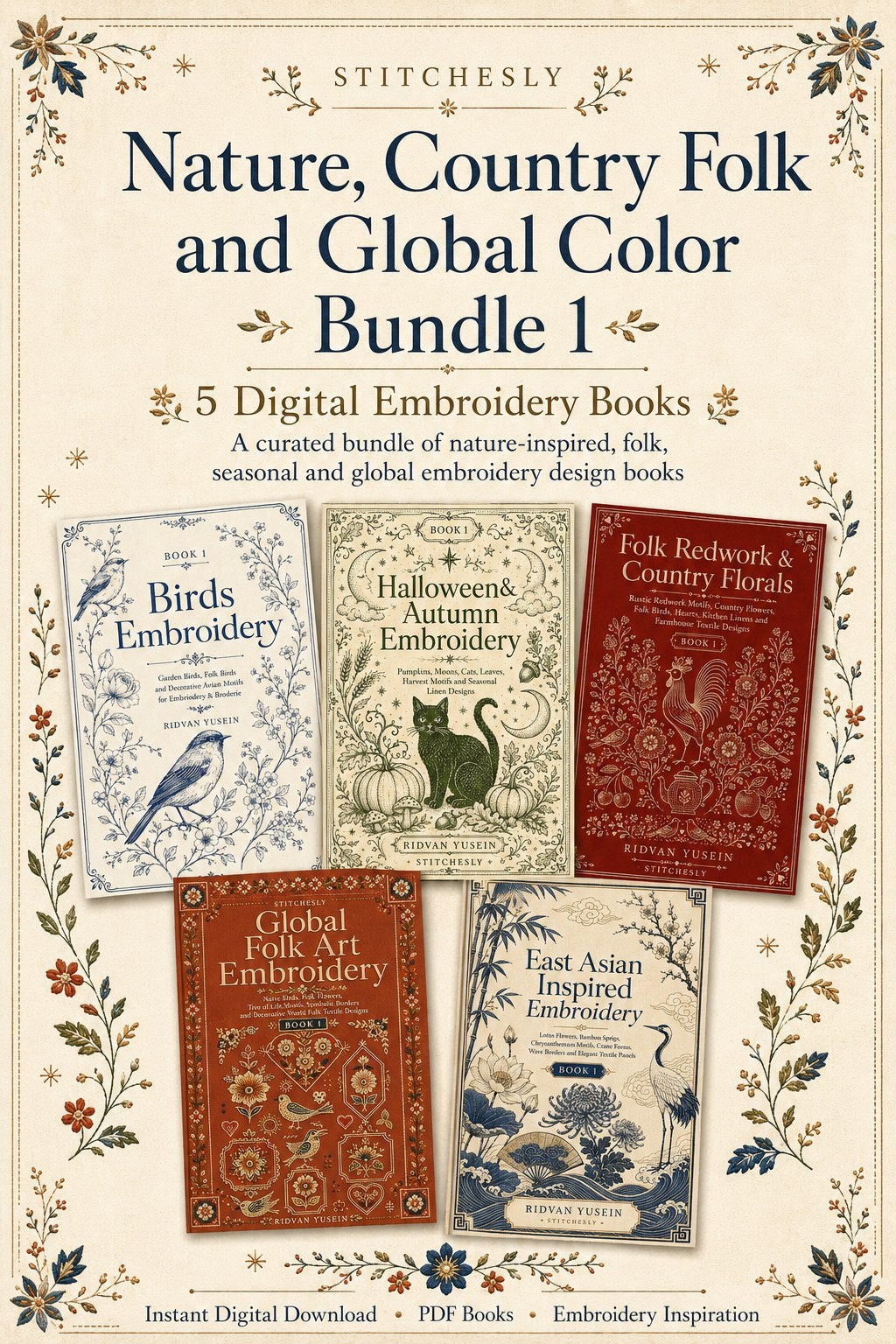Digital PDF embroidery design bundle cover preview for Nature, Country Folk & Global Color Bundle 1, featuring curated embroidery patterns, motif library references and textile… - preview 1